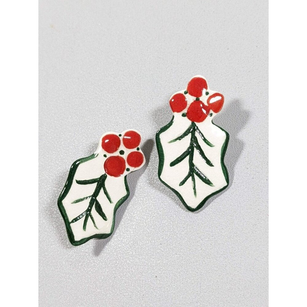 Christmas Holly Artisan‎ Ceramic Red Green White Pierced Stud Earrings
